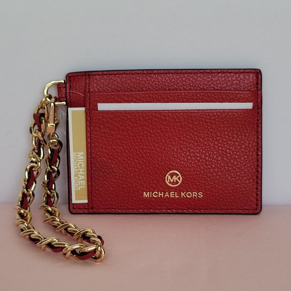 MICHAEL KORS Jet Set Small ID Pebbled Leather Chain Card Holder Case-Crimson $69 - Picture 1 of 16